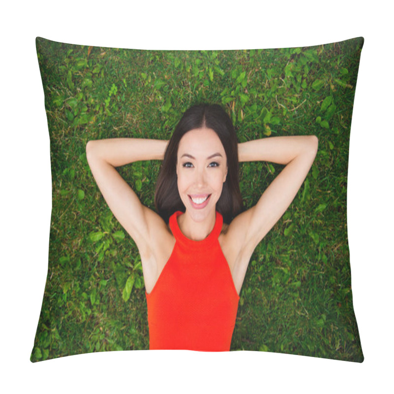 Personality  Summer! Time To Relax! Charming Girl Lies Chill Out In The Park On The Grass With Her Hands Behind Her Head Pillow Covers