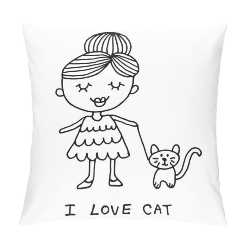 Personality  Cute Girl With Cat , Cartoon Doodle Hand Drawing , Black Line On White Background Pillow Covers