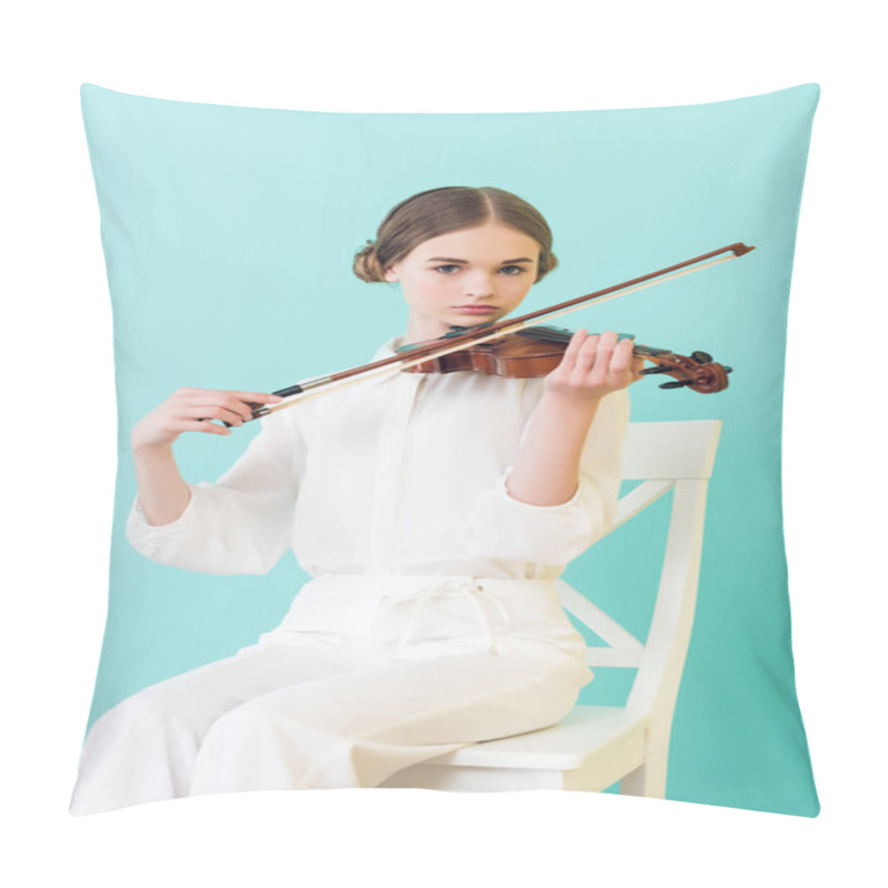 Personality  Teen Girl Playing Violin And Sitting On Chair, Isolated On Turquoise  Pillow Covers