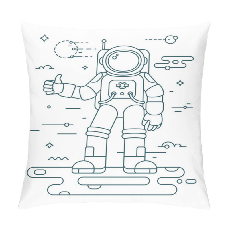 Personality  Astronaut Landing On The Planet - Thin Outline Vector Illustration In Trendy Style. Space Exploration And Colonization Concept. Astronaut In Space. Outline Space Series Pillow Covers