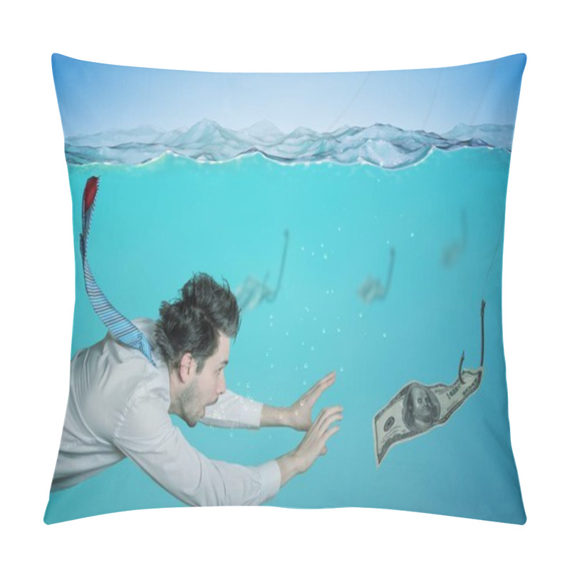 Personality  Greedy Businessman Is Swimming In Water And Catching Money On Ba Pillow Covers