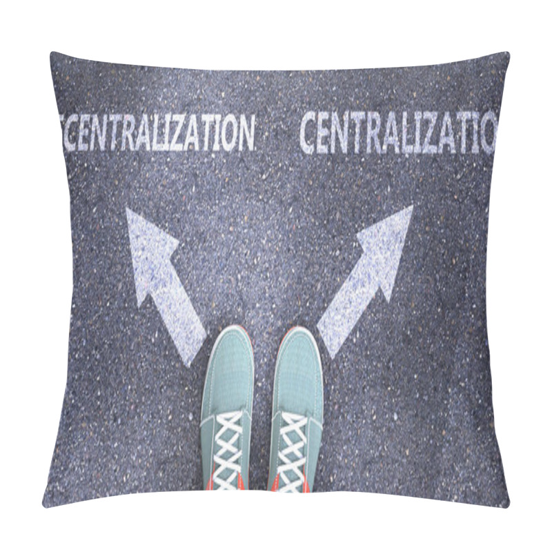 Personality  Decentralization And Centralization As Different Choices In Life - Pictured As Words Decentralization, Centralization On A Road To Symbolize Making Decision, 3d Illustration Pillow Covers