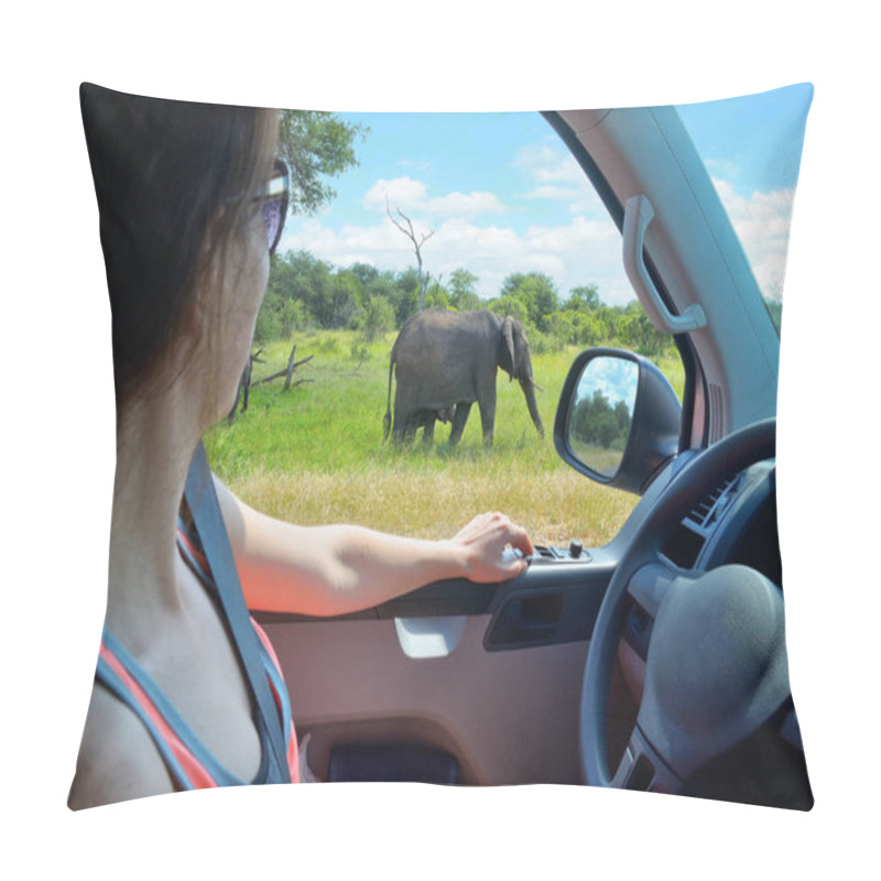 Personality  Woman Tourist On Safari Car Vacation In South Africa, Looking At Elephant In Savannah Pillow Covers