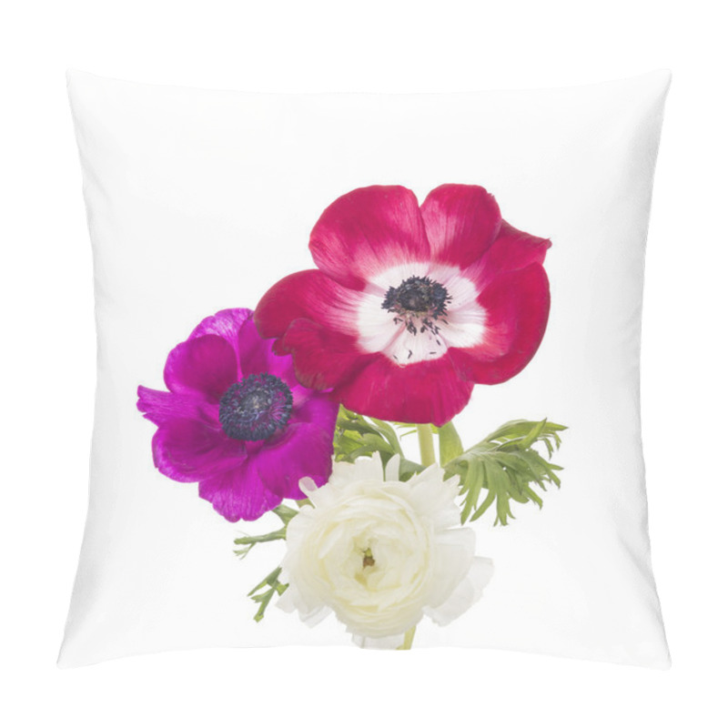 Personality  Red And Lilac Anemones And Buttercups, Isolated Pillow Covers