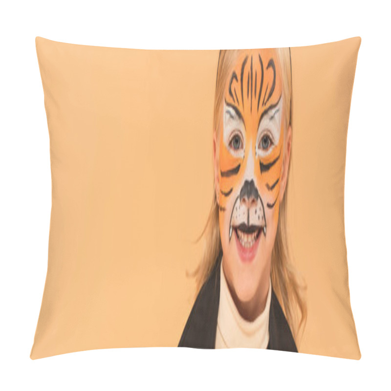 Personality  Joyful Child With Tiger Face Painting Smiling At Camera Isolated On Beige, Banner Pillow Covers