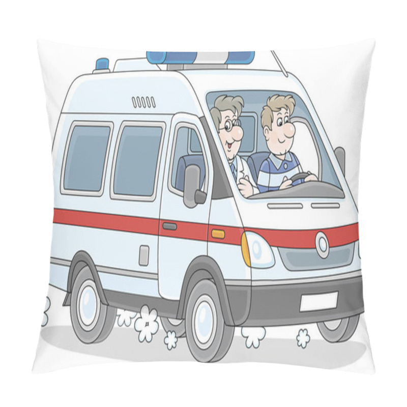 Personality  Ambulance Car With A Doctor And A Driver Hurrying To Rescue, Vector Cartoon Illustration Isolated On A White Background Pillow Covers