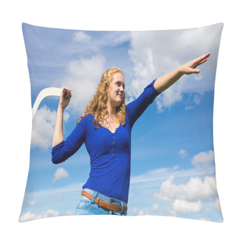 Personality  Young Caucasian Woman Throwing Boomerang Pillow Covers