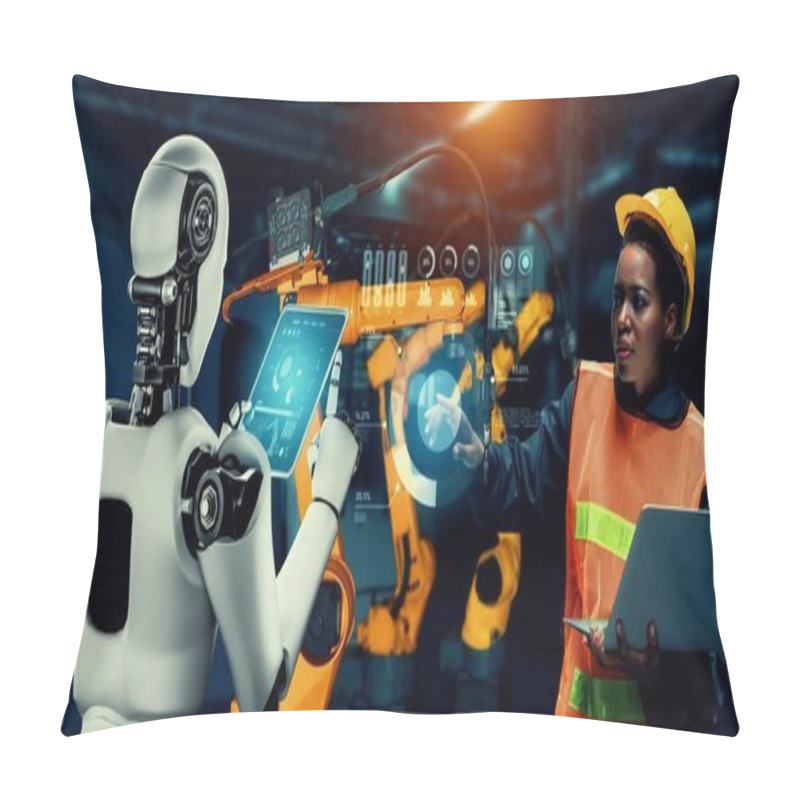 Personality  Mechanized Industry Robot And Human Worker Working Together In Future Factory Pillow Covers