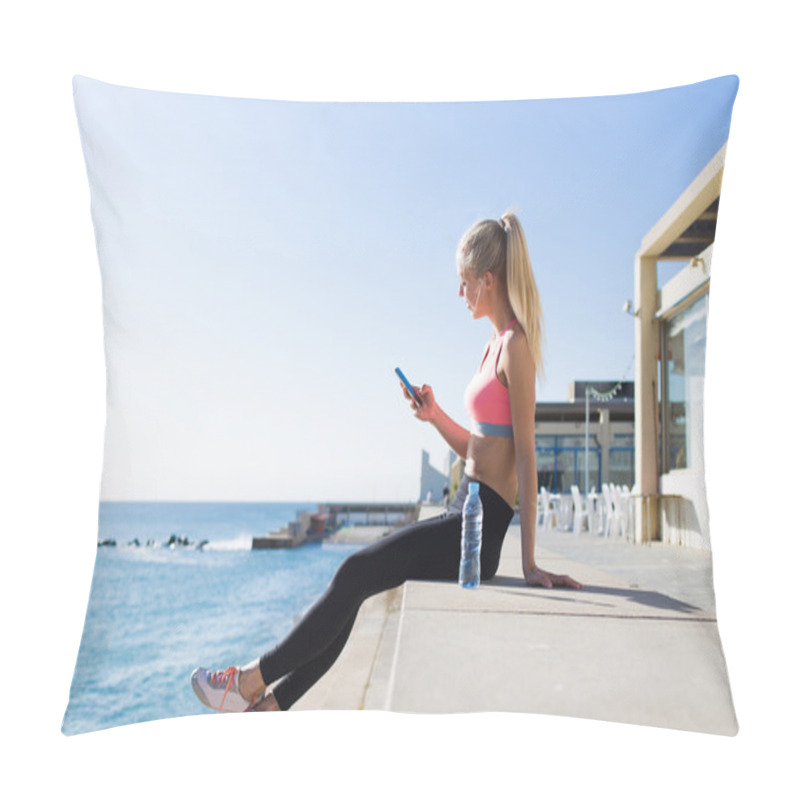 Personality  Fitness Woman Using Her Mobile Phone Pillow Covers