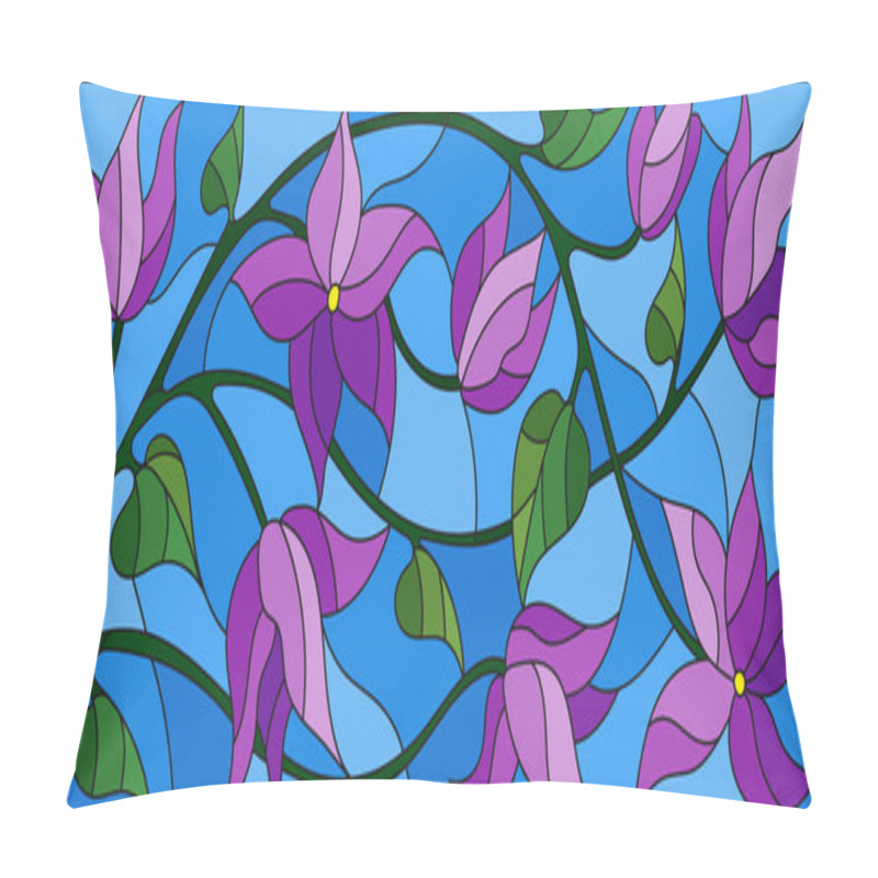 Personality  Illustration In Stained Glass Style With Abstract Intertwined Purple Flowers And Leaves On Blue Background Pillow Covers