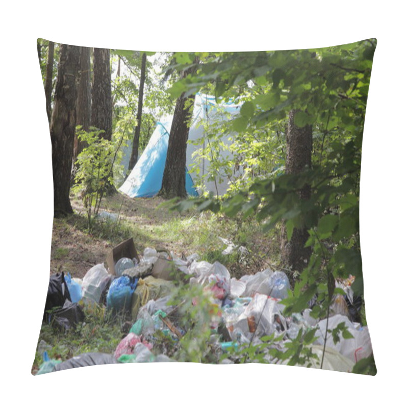 Personality  Big Garbage Pile In The Forest Next To A Camp Tent Among The Green Trees In Park On A Sunny Summer Day, Plastic Littering The Wildlife With Vacationers People Pillow Covers