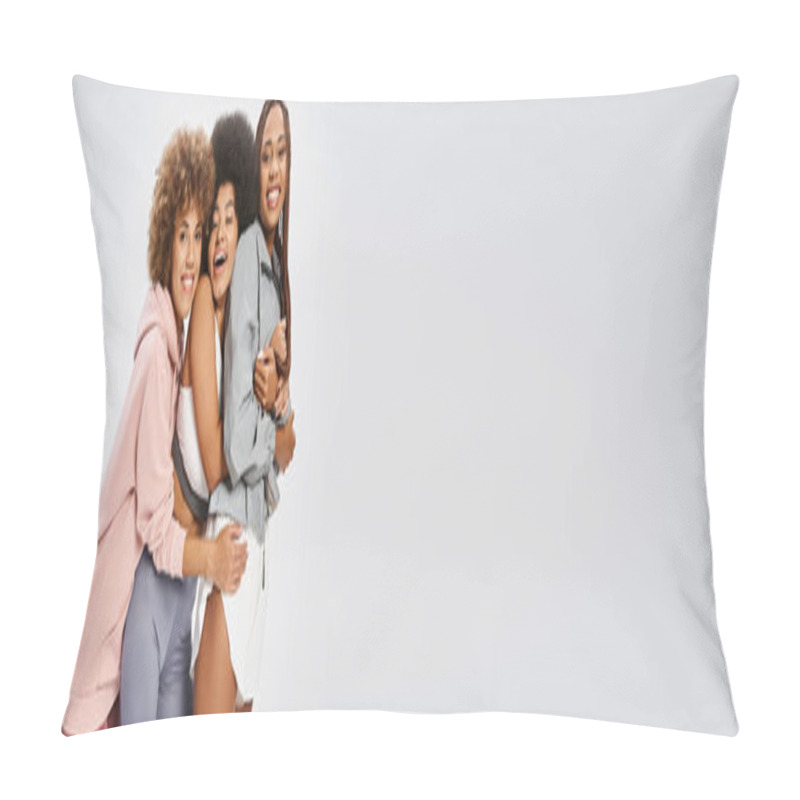 Personality  Excited African American Friends In Sportswear Posing On Grey, Juneteenth Celebration Banner Pillow Covers