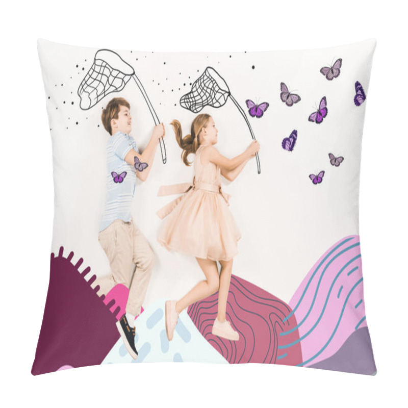 Personality  Top View Of Cheerful Kids With Butterfly Nets Near Butterflies And Mountains On White  Pillow Covers