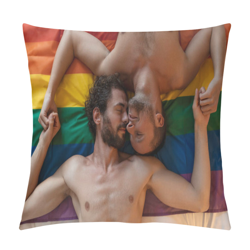 Personality  Affectionate Young Gay Man Kissing His Lover On The Bed. Two Young Male Lovers Laying Together On Pride Flag. Romantic Young Gay Couple Bonding Fondly Indoors. Pillow Covers