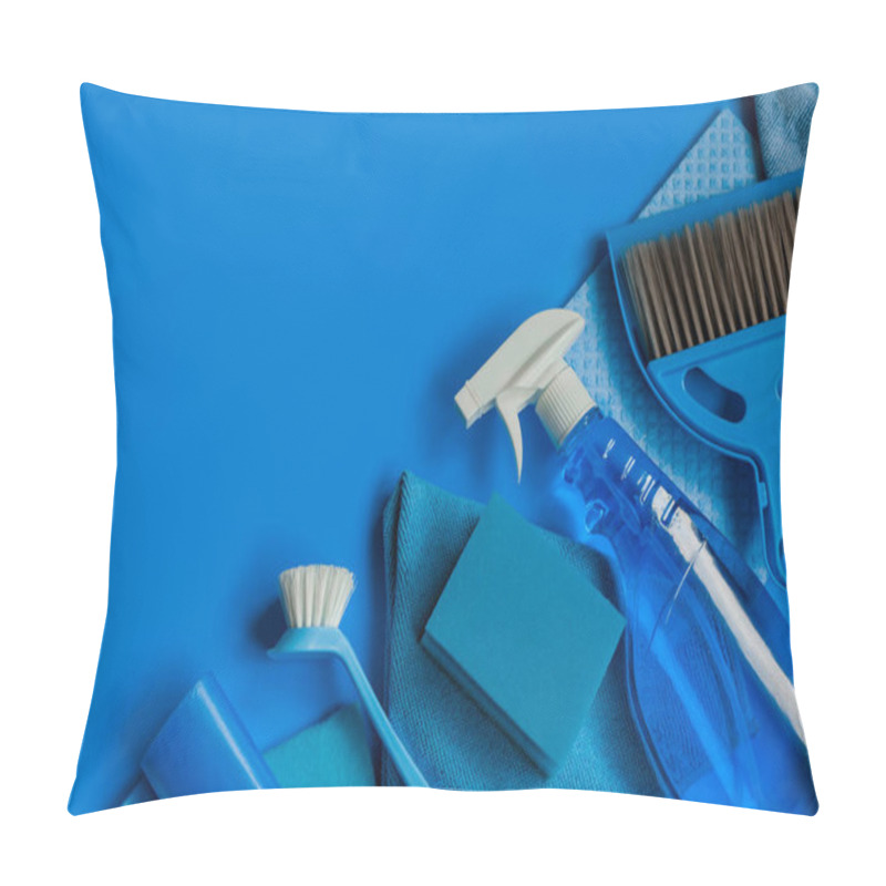 Personality  Blue Household Kit For Spring Cleaning. Top View. Copy Space. Pillow Covers