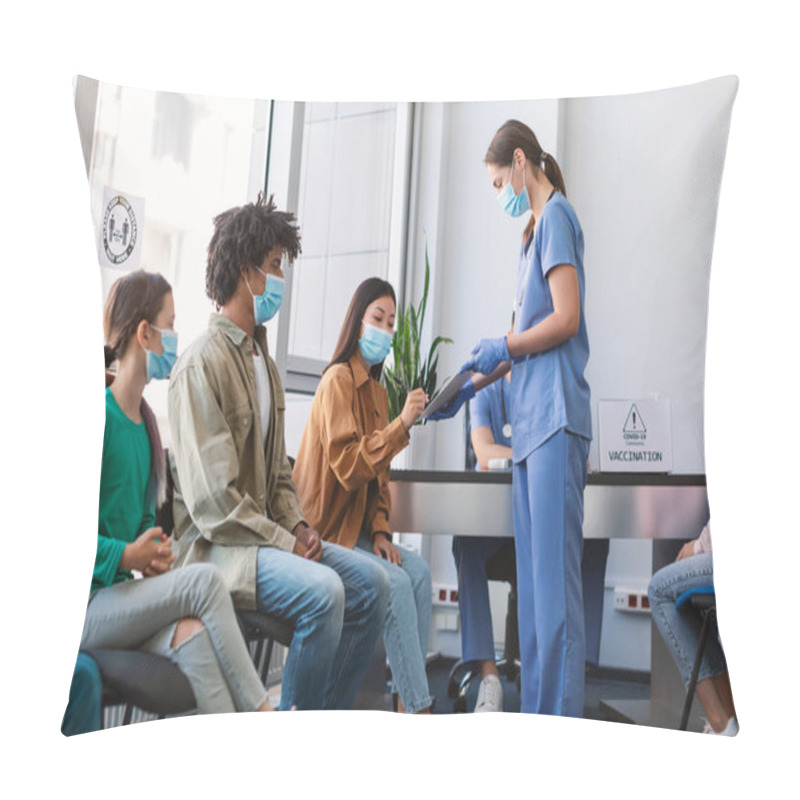 Personality  Asian Patient Lady Signing Papers With Doctor In Hospital Pillow Covers