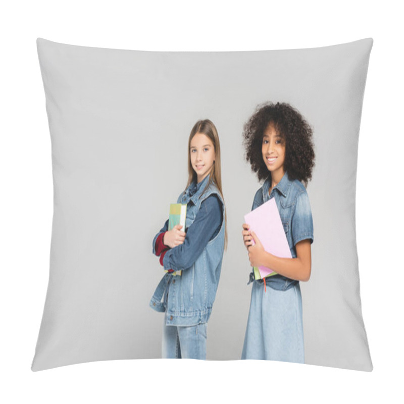 Personality  Two Happy Multicultural Schoolkids In Denim Clothes Standing With Books Isolated On Grey Pillow Covers