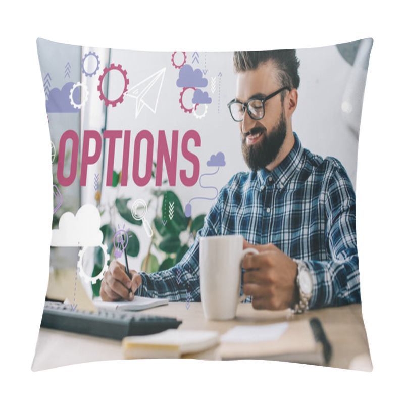 Personality  Successful Businessman With Cup Of Coffee And Computer Writing Notes At Workplace With Options Icons Pillow Covers