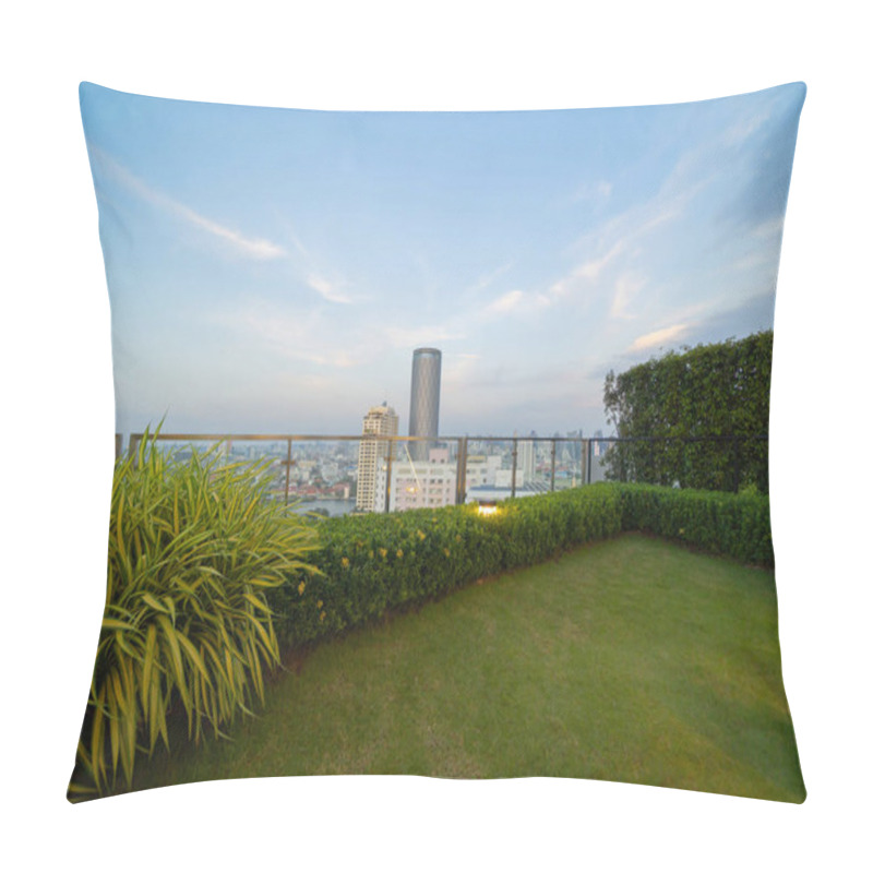 Personality  Sky Garden On Private Rooftop Of Condominium Or Hotel, High Rise Architecture Building With Tree, Grass Field, And Blue Sky. Pillow Covers