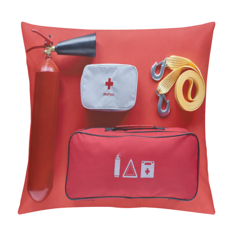 Personality  Flat Lay With Fire Extinguisher, Automotive Handbag, First Aid Kit And Car Tow Rope On Red Backdrop Pillow Covers