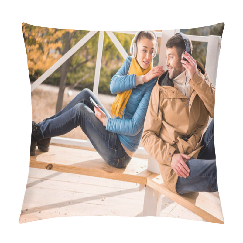 Personality  Young Couple Sitting On Bench In Headphones Pillow Covers