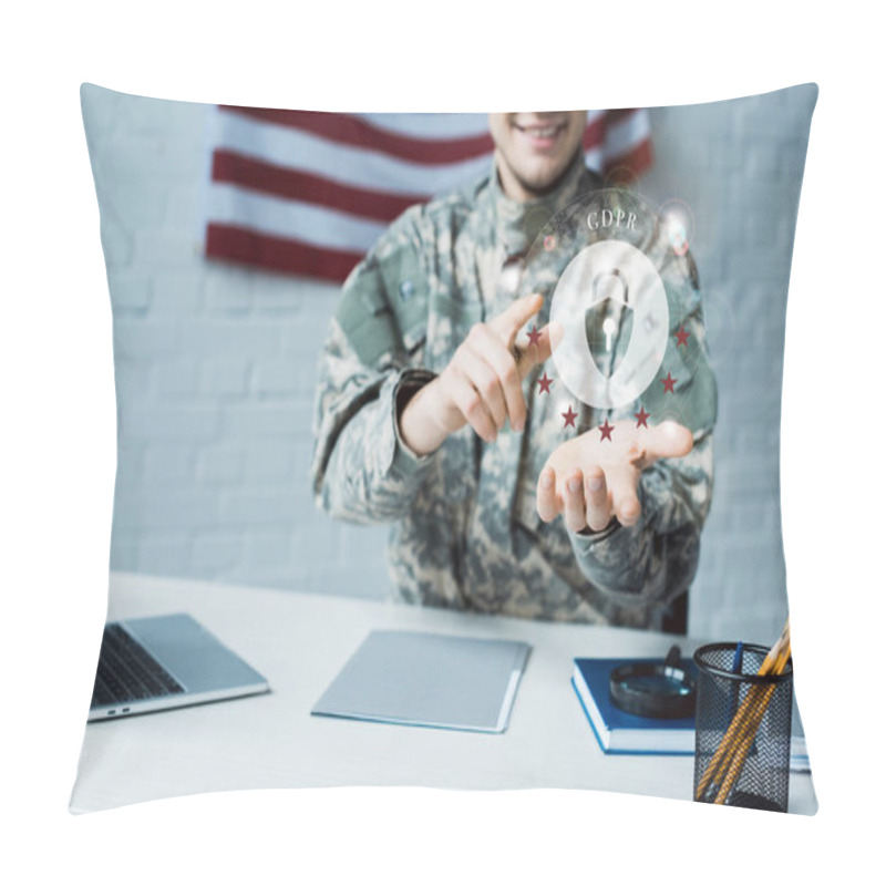 Personality  Cropped View Of Happy Man In Military Uniform Pointing With Finger At Cloud With Padlock Pillow Covers