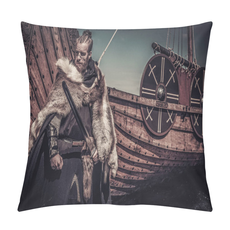 Personality  Viking Warrior With Sword Standing Near Drakkar  Pillow Covers