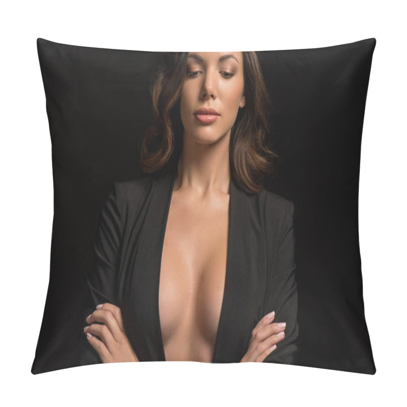 Personality  Sensual, Confident Girl In Unbuttoned Blazer Posing With Crossed Arms Isolated On Black Pillow Covers