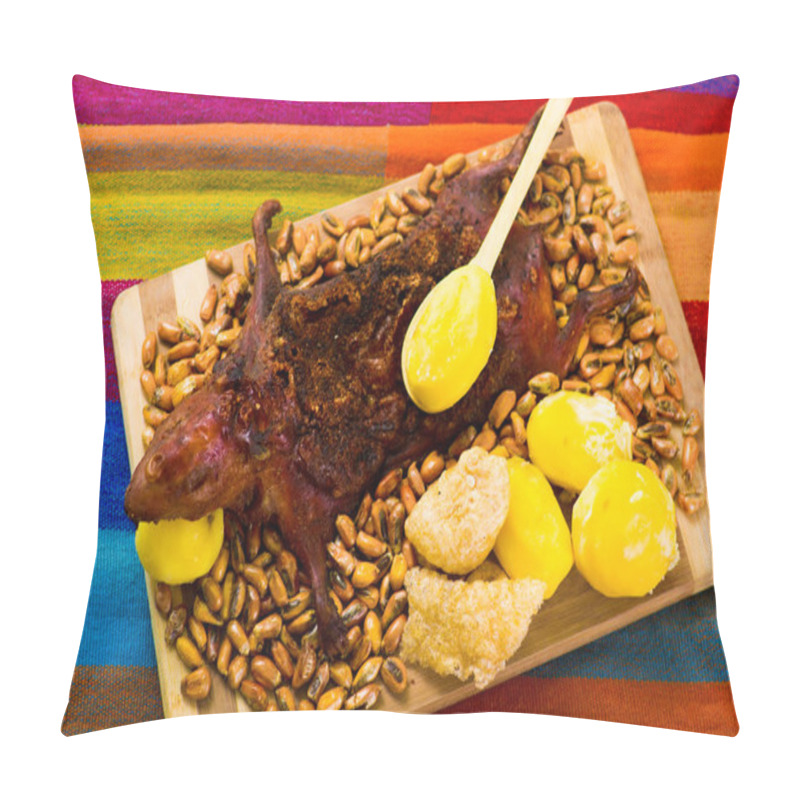 Personality  Traditional Ecuadorian Dish, Grilled Guinea Pig Spread Out Onto Wooden Board, Tostados, Bacon Skin And Lemons On The Side, Seen From Above Pillow Covers