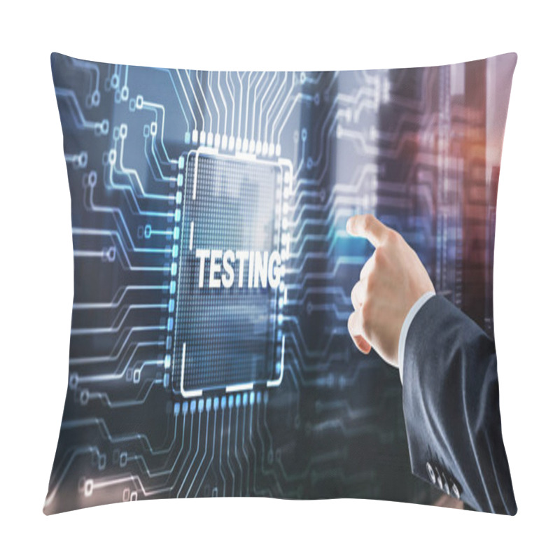 Personality  Testing Business Process. Man Clicks On The Inscription. Abstract Design Of Illustrations With The Inscription Testing. Pillow Covers