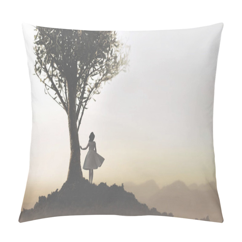 Personality  Solitary Woman Under A Tree Looking At A Mystical And Suggestive Landscape Pillow Covers