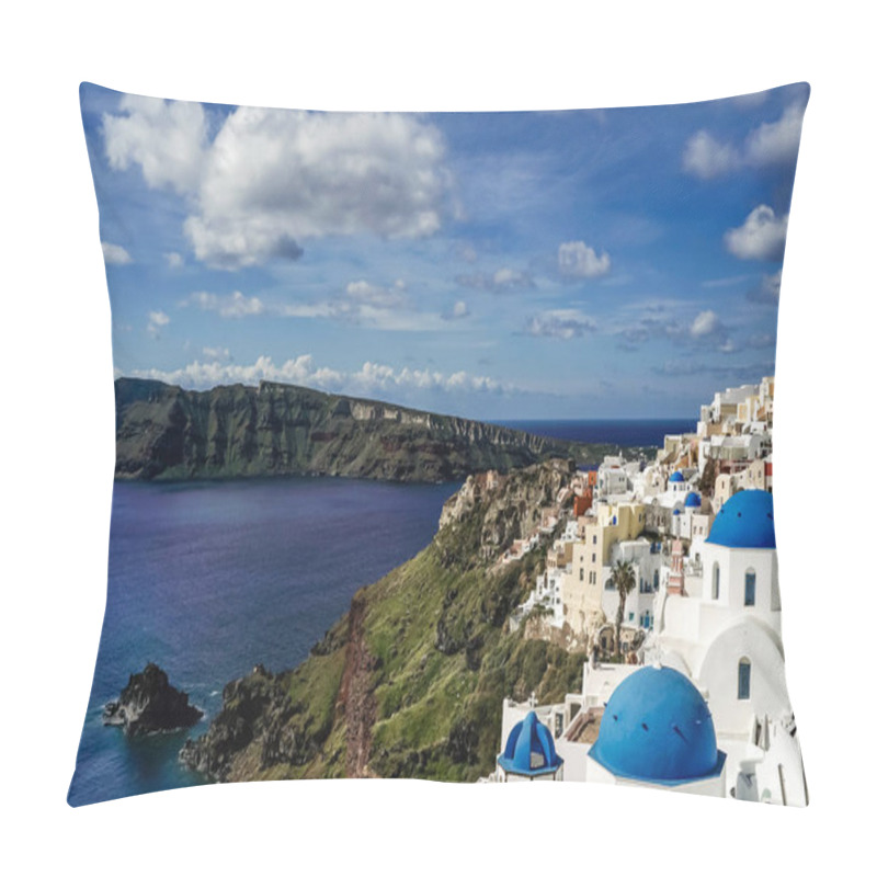 Personality  Blue-domed Churches Near White Houses And Tranquil Sea In Santorini  Pillow Covers