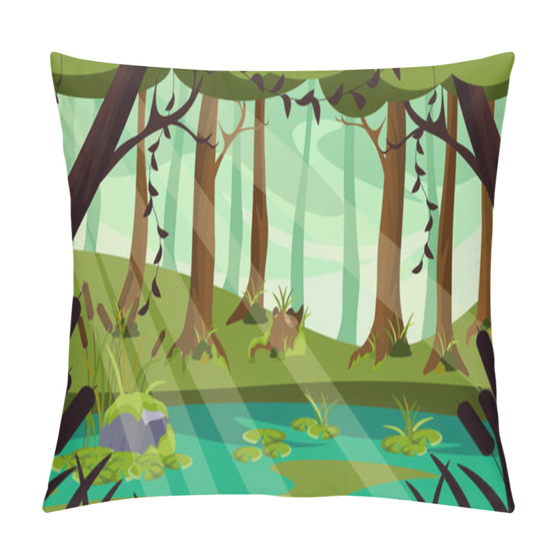 Personality  Vector Illustration Of A Beautiful Summer Swamp. Cartoon Forest Landscape With Swamp, Trees, Reeds, Stumps. Pillow Covers