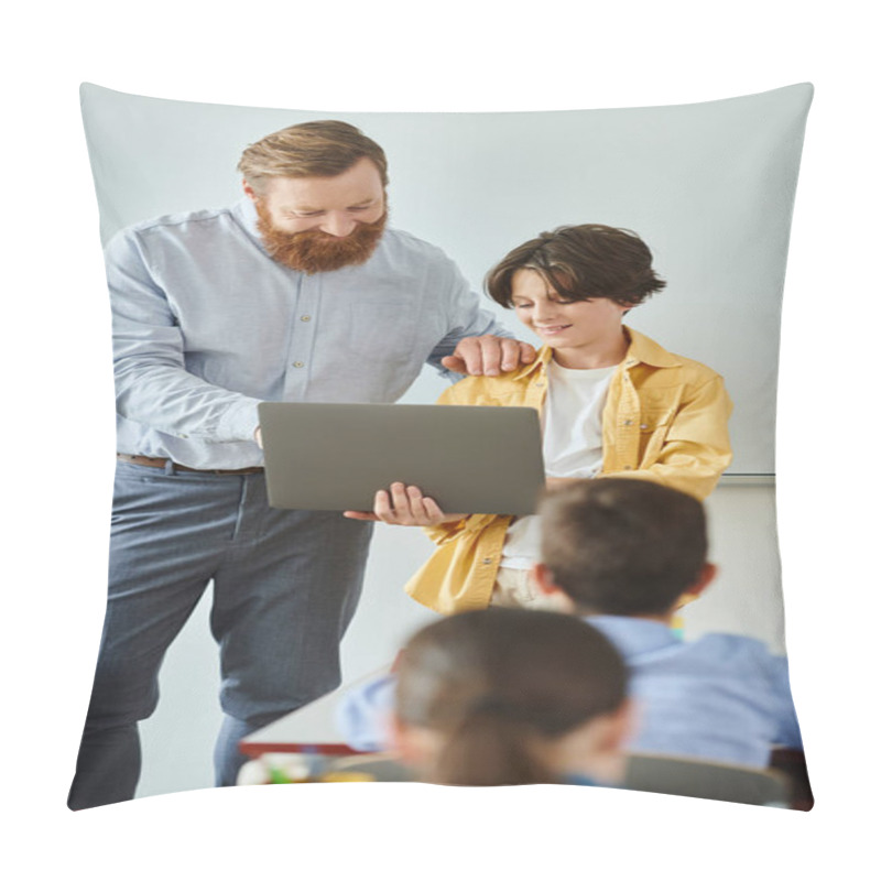 Personality  A Man And A Boy Stand Together In Front Of A Laptop Computer, Working Collaboratively On A Task. Pillow Covers