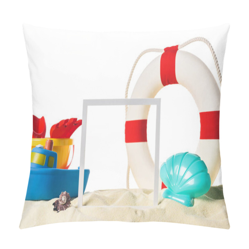 Personality  Beach Toys With Life Ring And Frame In Sand Isolated On White Pillow Covers