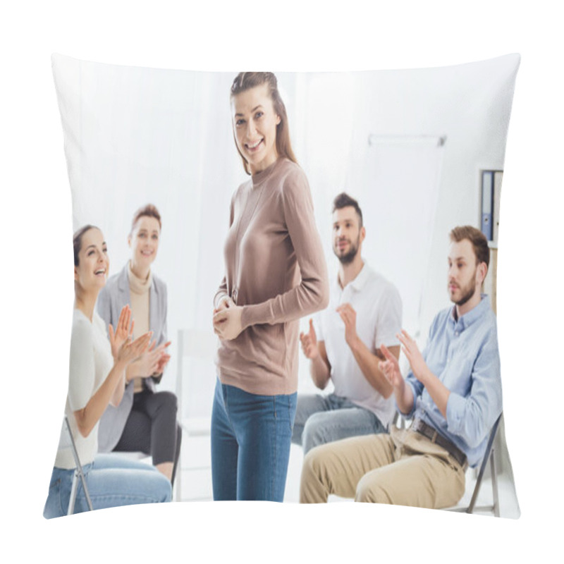 Personality  Smiling Woman Looking At Camera While People Sitting And Applauding During Group Therapy Session Pillow Covers