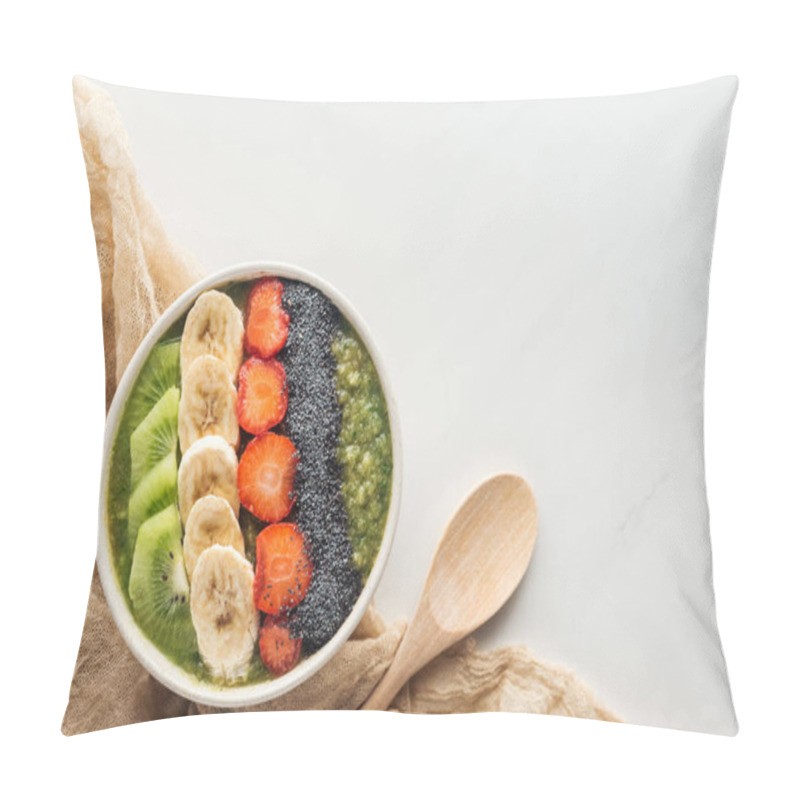 Personality  top view of smoothie bowl with fresh fruits, wooden spoon and copy space on white background pillow covers