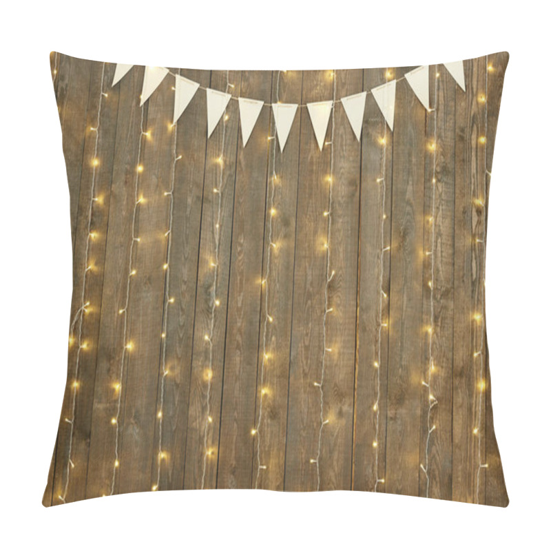 Personality  Dark Wood Background With Lights And Flags, Abstract Holiday Backdrop, Copy Space For Text Pillow Covers