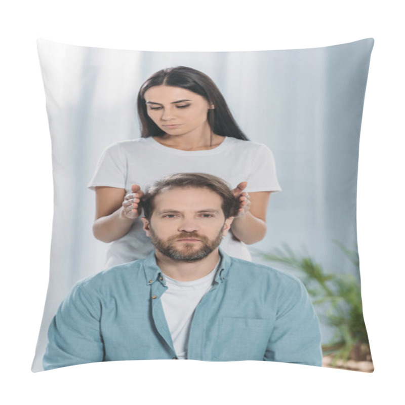 Personality  Bearded Man Looking At Camera While Receiving Reiki Treatment From Young Female Healer  Pillow Covers