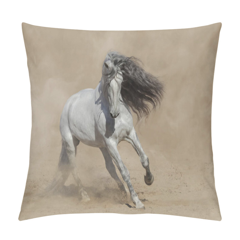 Personality  White Purebred Andalusian Horse Playing On Sand. Pillow Covers