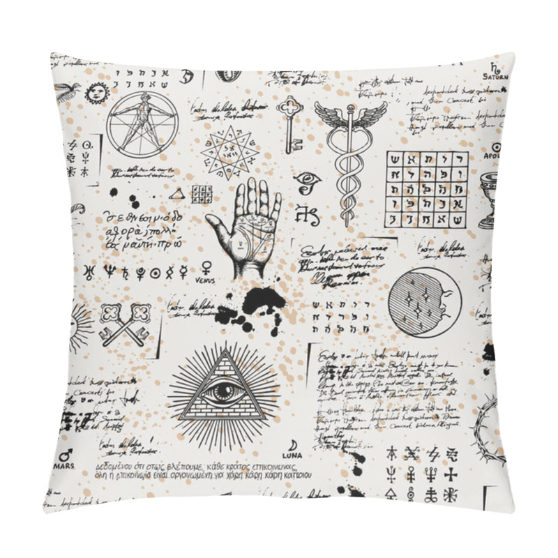 Personality  Vector Seamless Background On The Theme Of Mysticism, Magic, Religion And The Occultism With Various Esoteric And Masonic Symbols. Medieval Manuscript With Sketches, Blots And Spots In Retro Style Pillow Covers