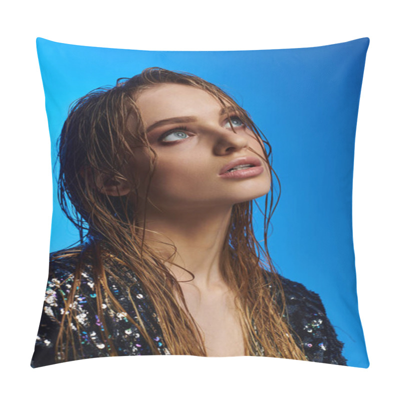 Personality  Young Woman Demonstrating Wet Locks And Captivating Eyes. Pillow Covers