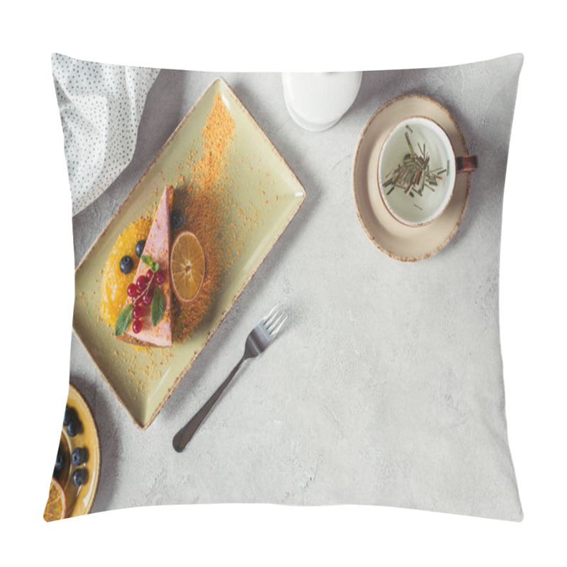 Personality  Flat Lay With Piece Of Sweet Carrot Cake With Berry Filling, Cup Of Herbal Tea, Linen And Fork On Grey Tabletop Pillow Covers