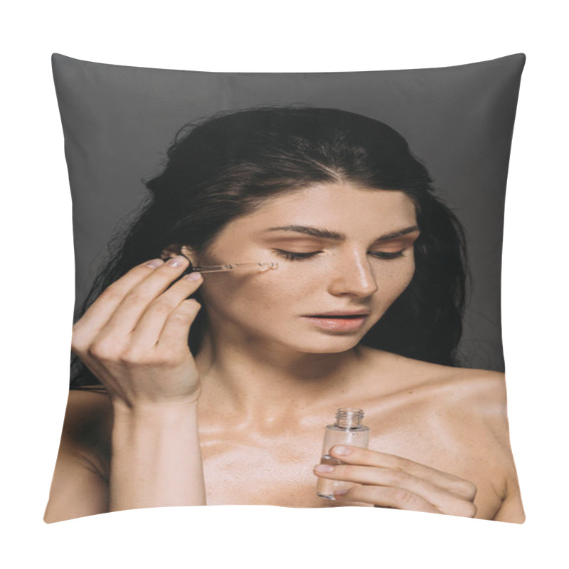 Personality  Naked Brunette Girl Applying Serum On Face With Pipette Isolated On Grey Pillow Covers