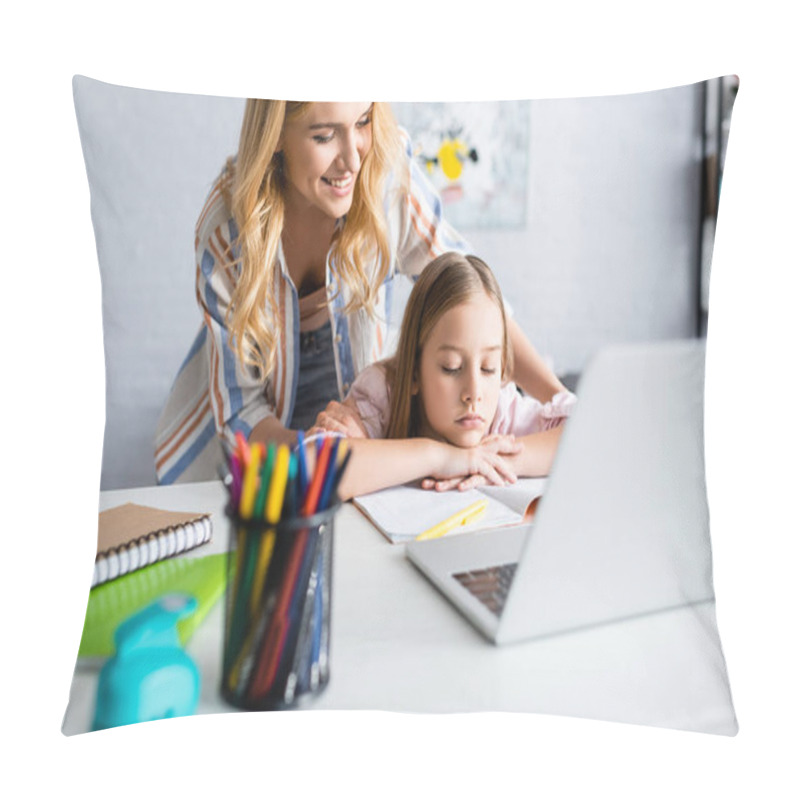 Personality  Selective Focus Of Smiling Woman Hugging Sad Kid During Online Education At Home  Pillow Covers