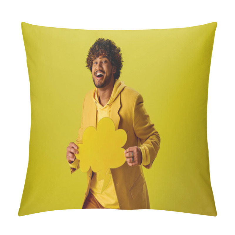 Personality  Handsome Indian Man In Vibrant Yellow Jacket Holding A Delicate Speech Bubble. Pillow Covers