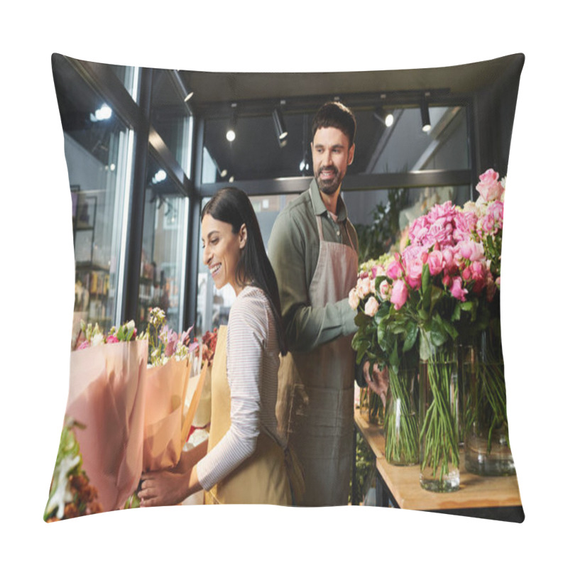 Personality  Couple Collaborates Joyfully On Stunning Flower Arrangements Inside Their Charming Shop. Pillow Covers