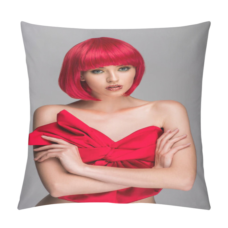 Personality  Attractive Woman With Red Hair And Red Top Standing With Crossed Arms Isolated On Grey Pillow Covers