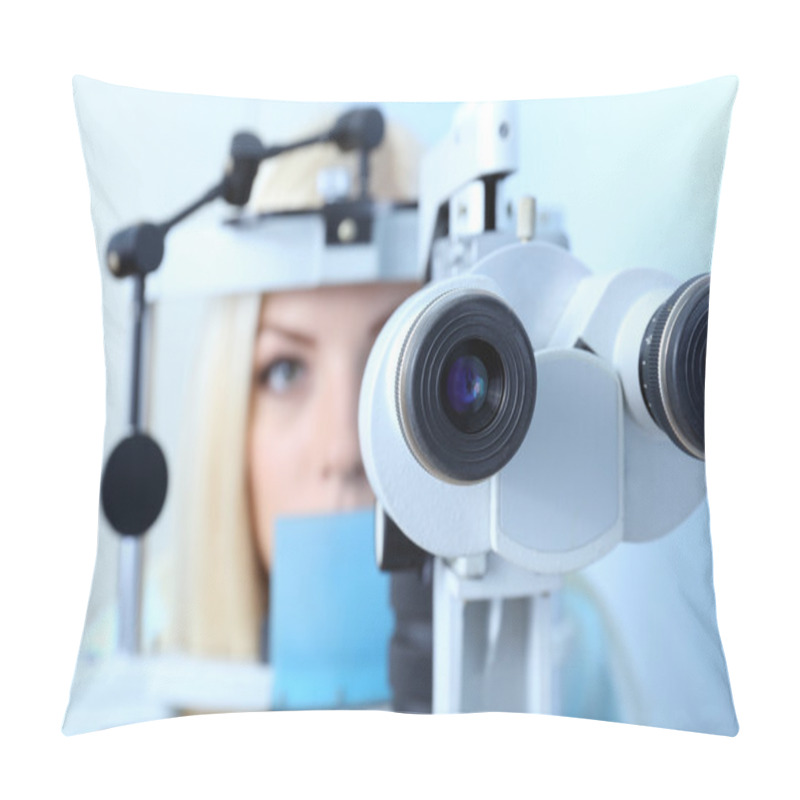 Personality  Optometry Concept - Pretty Young Woman Having Her Eyes Examined By Eye Doctor  Pillow Covers