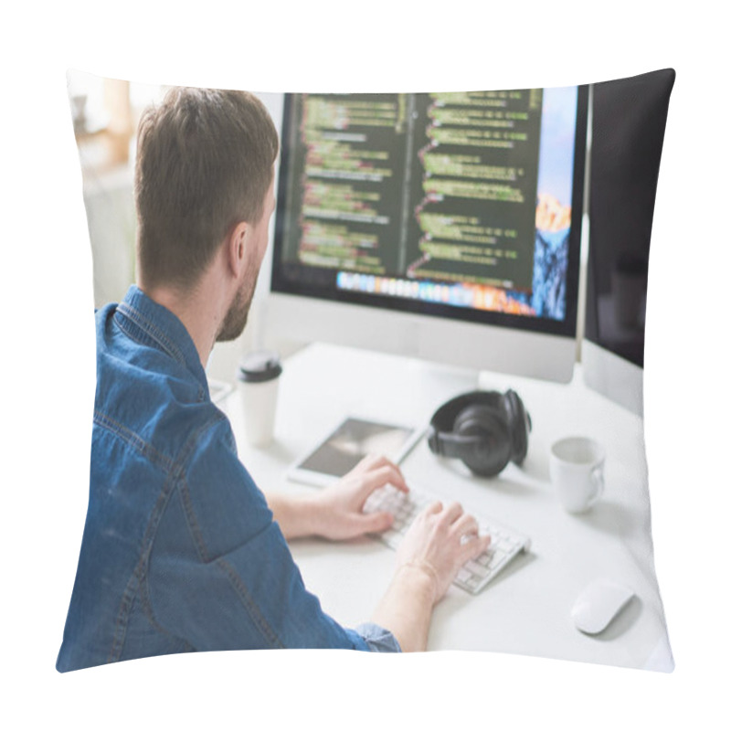 Personality  Back View Portrait Of Contemporary Web Developer Writing Code For Program Sitting At Desk And Working On Startup Project In Modern Office, Copy Space Pillow Covers